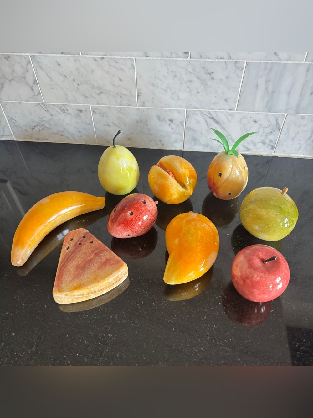 Vintage 9 Piece Set of Italian Alabaster Marble Stone Decorative Fruit